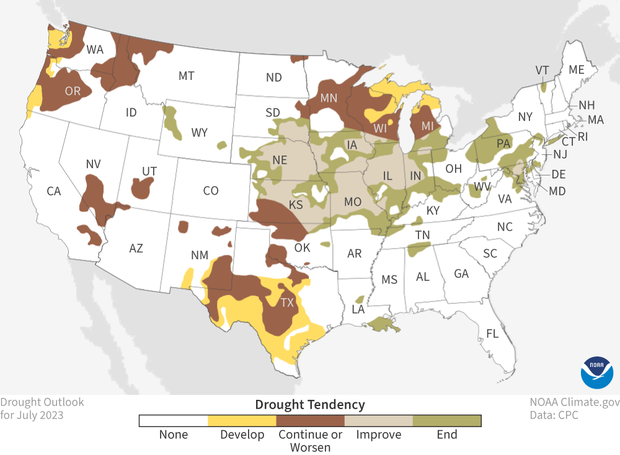 Map of contiguous U.S. showing how drought is forecasted to change in July 2023