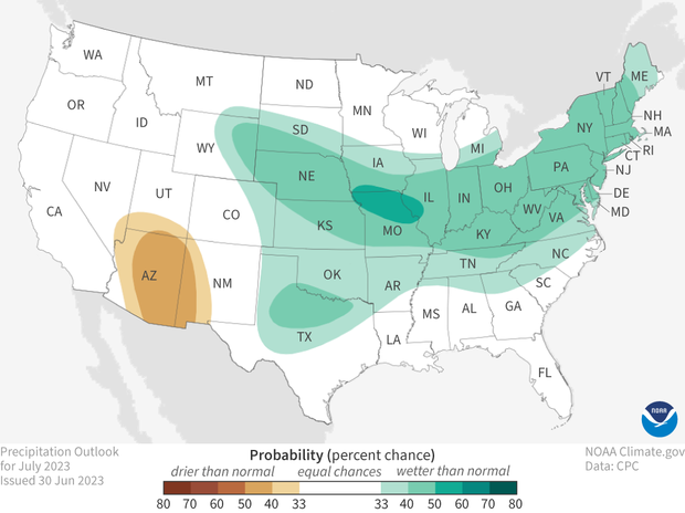 Map of contiguous United States precipitation outlook for July 2023