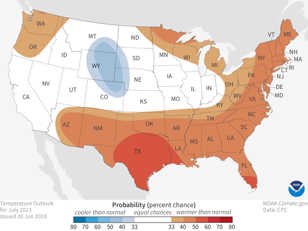Map of contiguous United States shwoing July 2023 temperature outlook