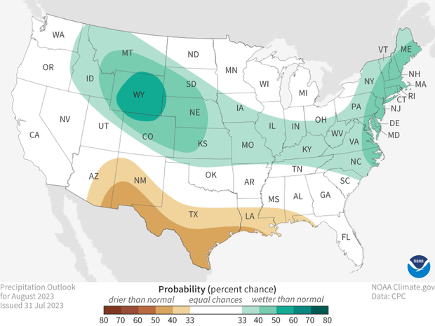 Precipitation outlook map for August 2023