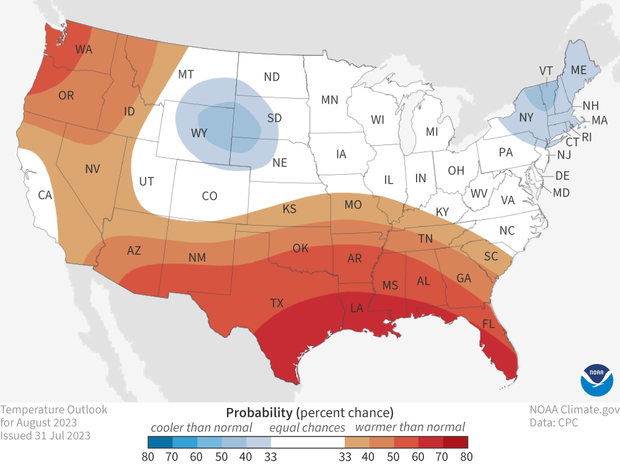Temperature outlook map for August 2023
