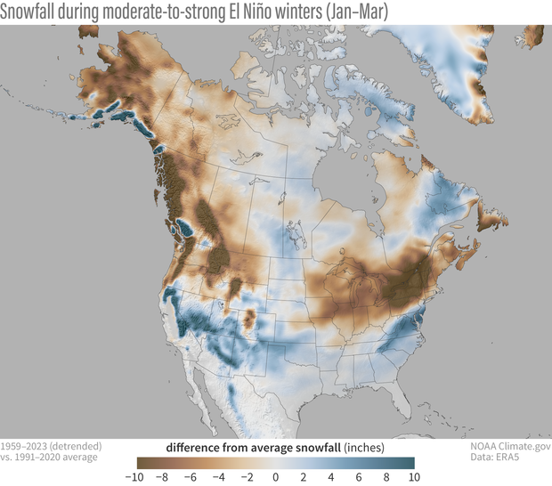 Map of North America snow anomaly patterns during moderate-to-strongEl Niño winters