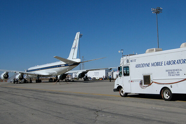 Mobile lab in van near parked airplane