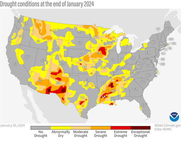 Map of US drought conditions in late January 2024