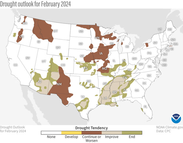 U.S. map of drought forecast for February 2024