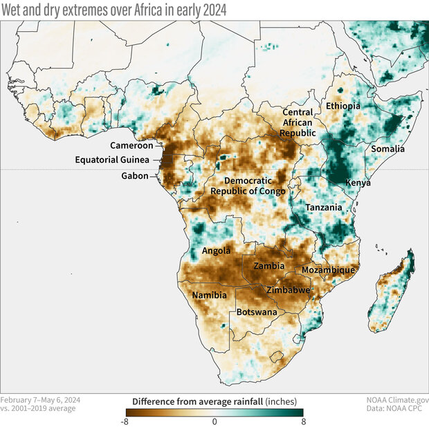 map showing precipitation patterns for Africa in early 2024