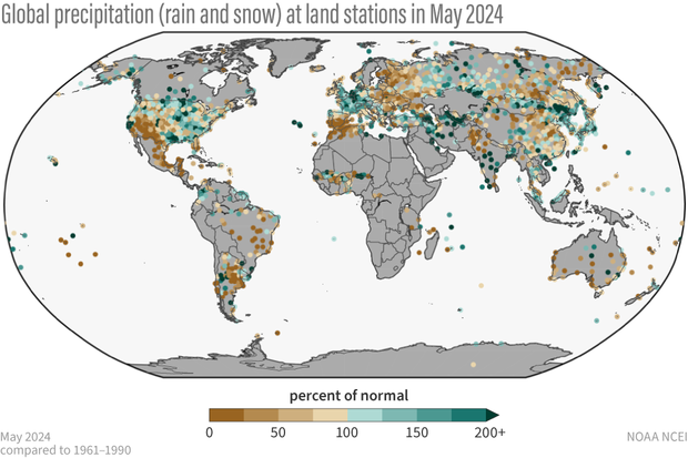 May 2024 global precip map NCEI