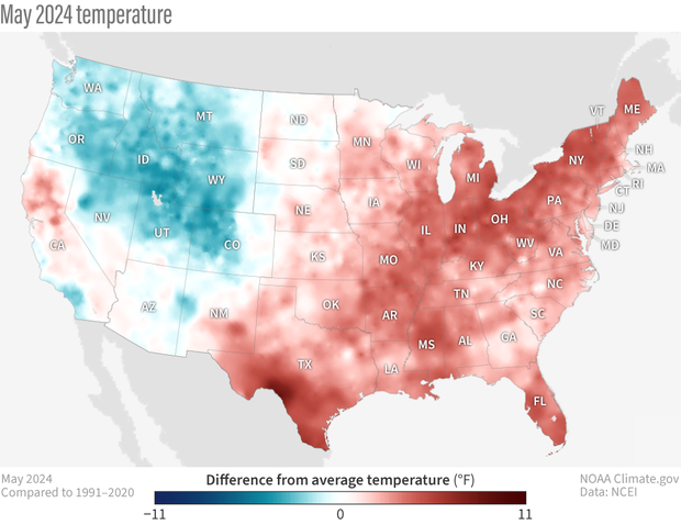 U.S. map of where temperatures were above or below average in May 2024