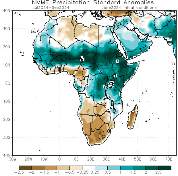 Map of predicted precipitation anomalies over Africa 