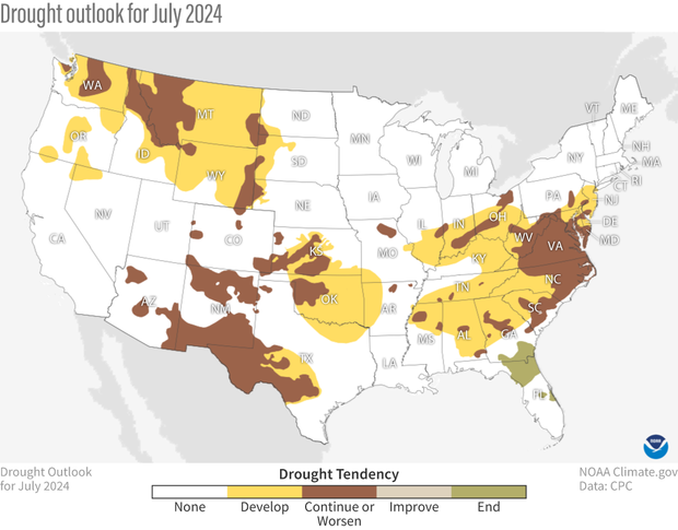 U.S. drought outlook map for July 2024