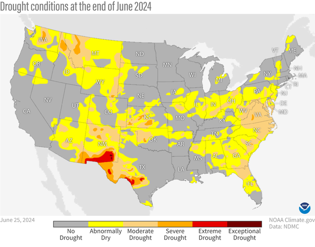 U.S. map of drought categories at the end of Jun 2024