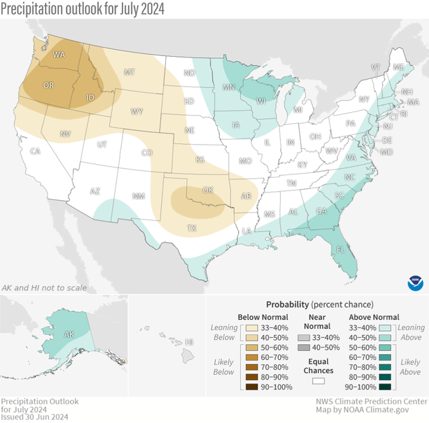 U.S. map of chances of above-, below-, or near-average July precipitation for 2024