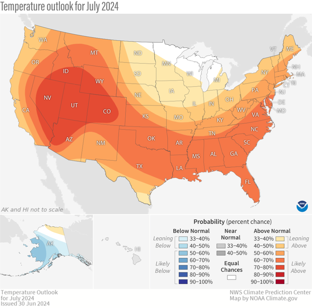 Map of U.S. temperature outlook for July 2024