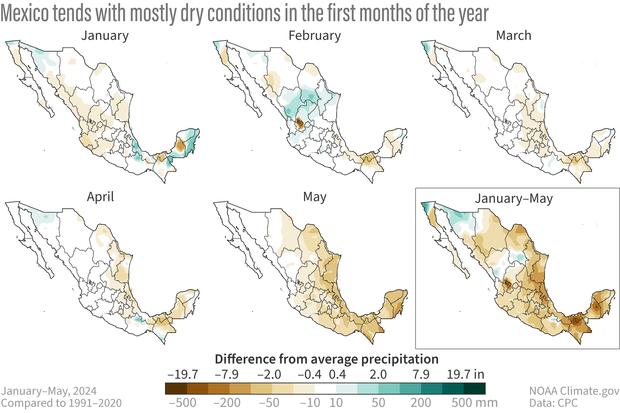 Mexico difference from average precipitation January through May 2024