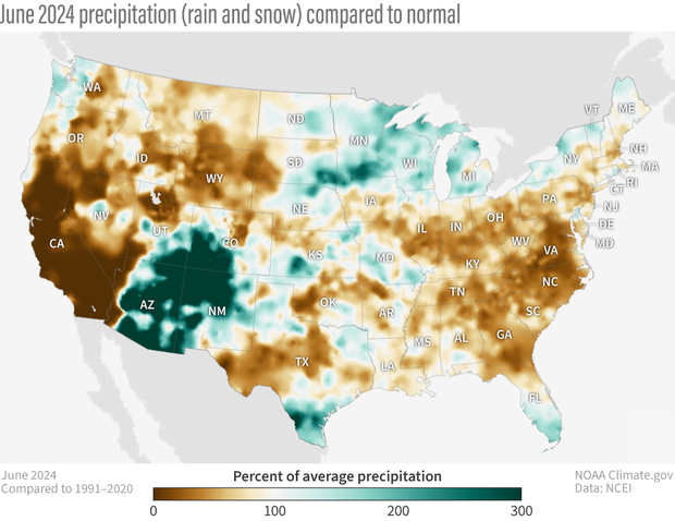 U.S. map of precipitation patterns for June 2024