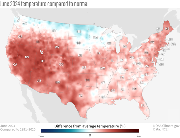 U.S. map of temperature patterns in June 2024