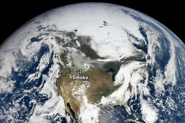 Satellite view of wildfire smoke in North America