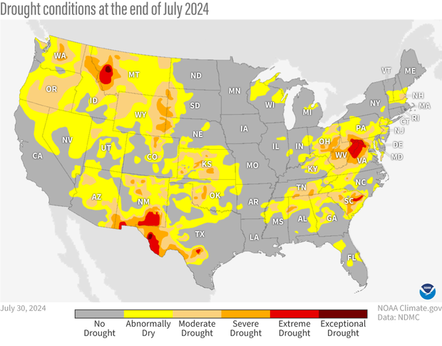 Map of continuous United States showing drought status using colors that range from yellow to very dark red