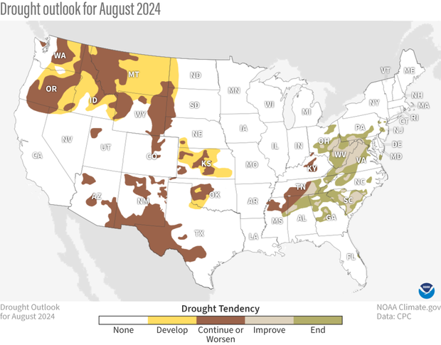 U.S. map showing projected drought changes during August 2024