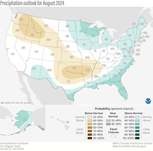 Map of U.S. precipitation outlook for August 2024 with insets for Alaska and Hawaii