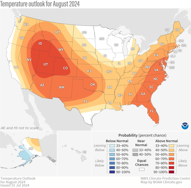 U.S. map of temperature forecast with insets for Alaska and Hawaii