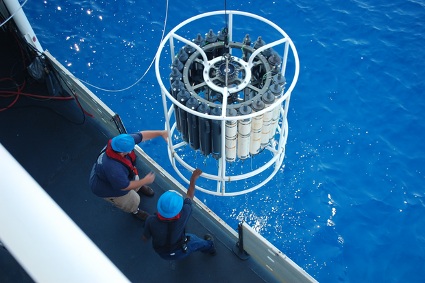 A cylindrical frame holding a series of sample bottles is guided by two people over the edge of a ship and into the water