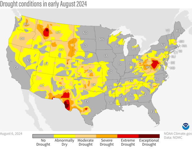 U.S. map of Lower 48 showing large part of the country having at least abnormally dry conditions