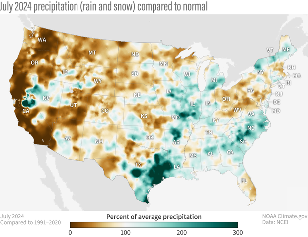 U.S. map of percent of normal precipitation for July 2024