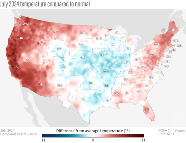 U.S. map showing temperatures in July 2024 compared to normal