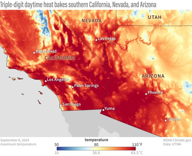 Map of heat wave showing extremely high daytime temperatures across California, Nevada, and Arizona