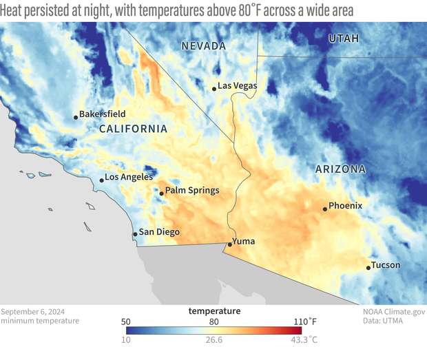 Map of heat wave showing extremely high overnight temperatures across California, Nevada, and Arizona