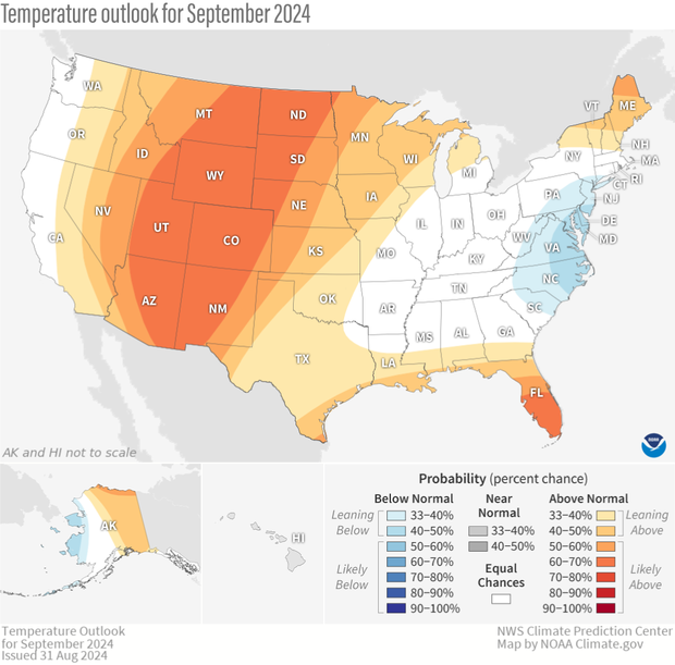 Map of contiguous United States and Alaska showing temperature outlook for September 2024