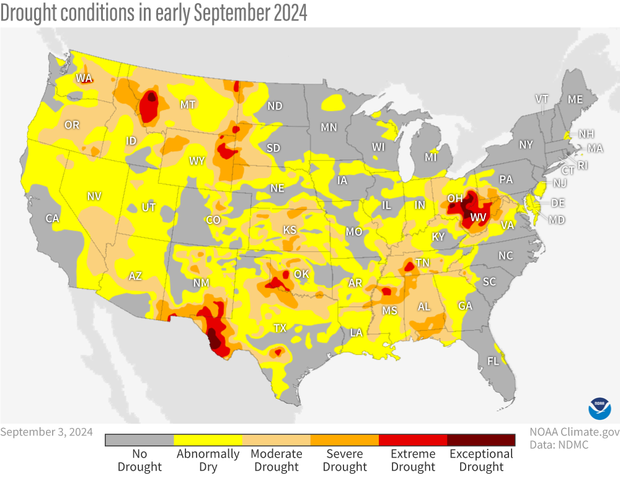 map of contiguous United States showing drought intensity as of September 3 