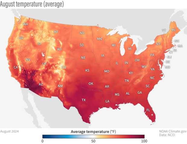 Map of contiguous United States showing average temperatures for August 2024