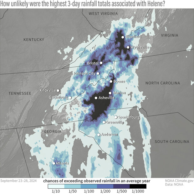 Map of Southeast United States showing that the chances for 3-day rainfall in excess of the amounts observed during Hurricane Helene were extremely low
