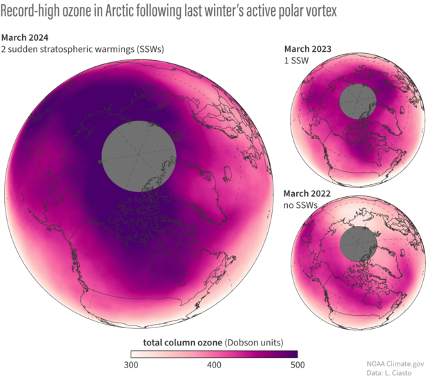3 maps of Northern Hemisphere ozone