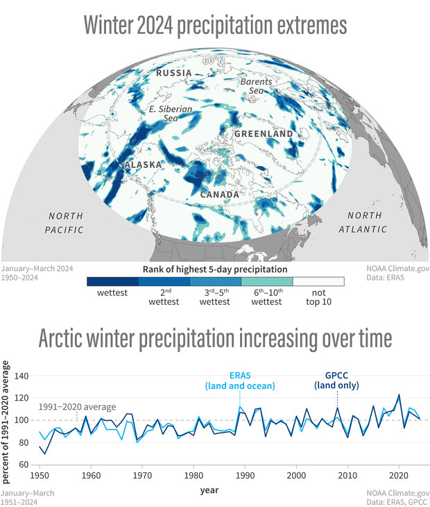 Map and graph of winter precipitation across the Arctic 2024 Arctic Report Card