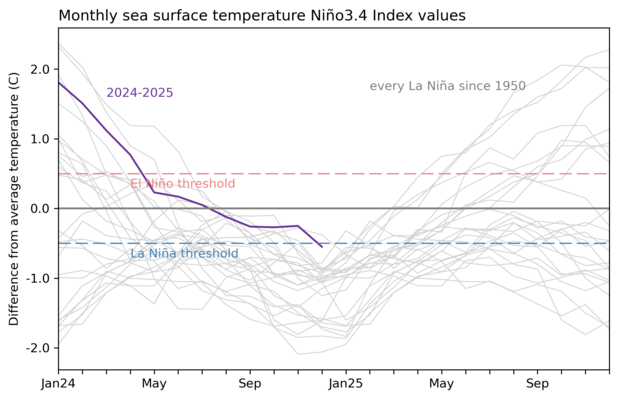 graph showing the Niño-3.4 evolution for 2024–2025 and all other La Nina years