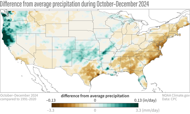 map showing precipitation patterns over the U.S. in October–December 2024