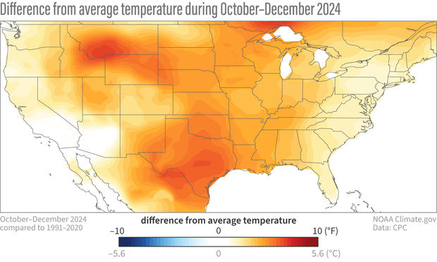 Map showing temperature patterns in the U.S. in October–December 2024