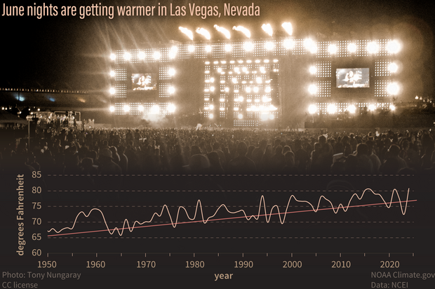 photo of crowd at electric daisy overlain with scatterplot of overnight low temperature trends