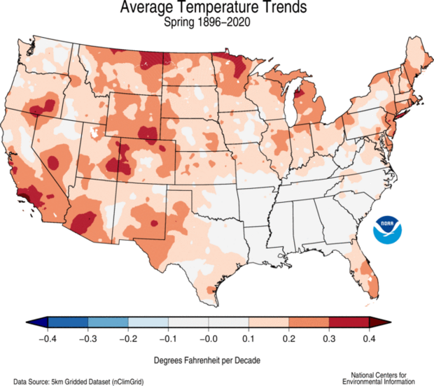 Average spring temperature trend 1896-2020