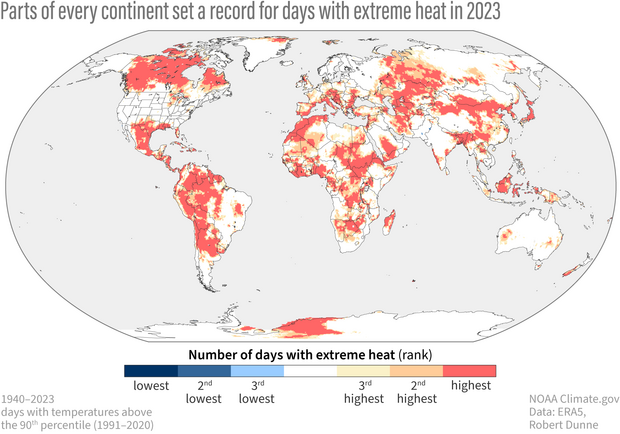 State of the Climate global map ranking the numbers of days with extreme heat