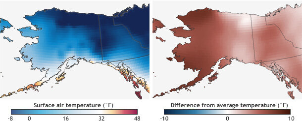 Map pair showing maximum surface air temperature (left) for December 2014-February 2015 and temperature compared to the long-term average (right)