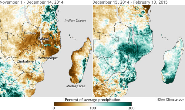 Map pair showing percent of normal rainfall for southern Africa from November 1–December 14, 2014 (left) and December 15-February 10, 2015 (right)