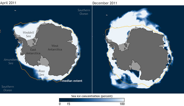 Antarctic sea ice in December and April