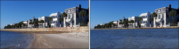 comparison images of the waterfront of Charleston, SC, today on the left and with future sea level rise on the right