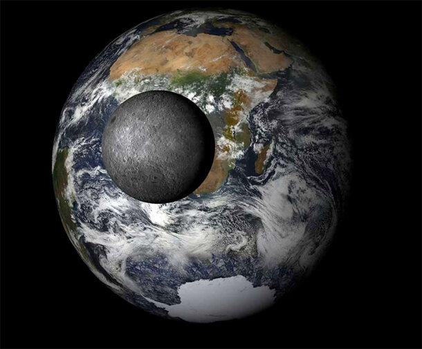 New moon phase, moon and Earth