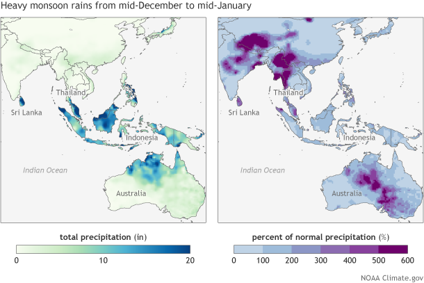 Map pair showing total rainfall (left) and percent of normal rainfall (right) for the Maritime Continent from December 14, 2014, through January 13, 2015