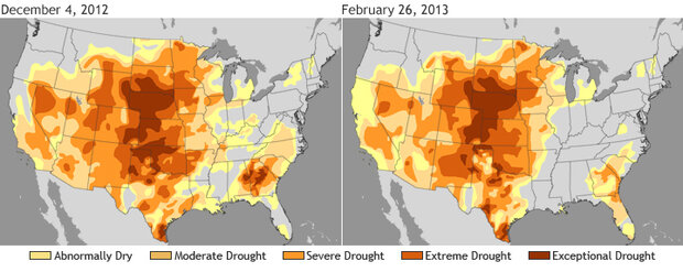 Pair of drought maps of the CONUS from December 2012 and February 2013.